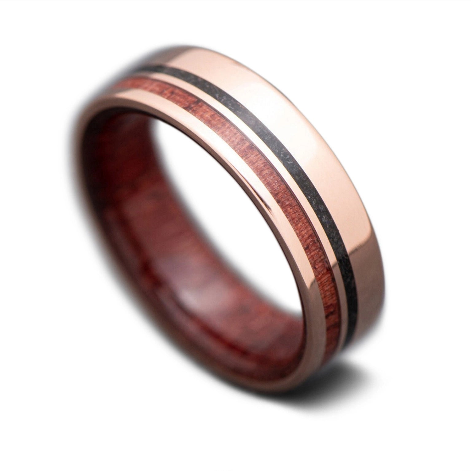 Rose Gold core ring with Black Onyx, Purple Heart inlay and Purple Heart inner sleeve, 7mm -THE ETERNITY