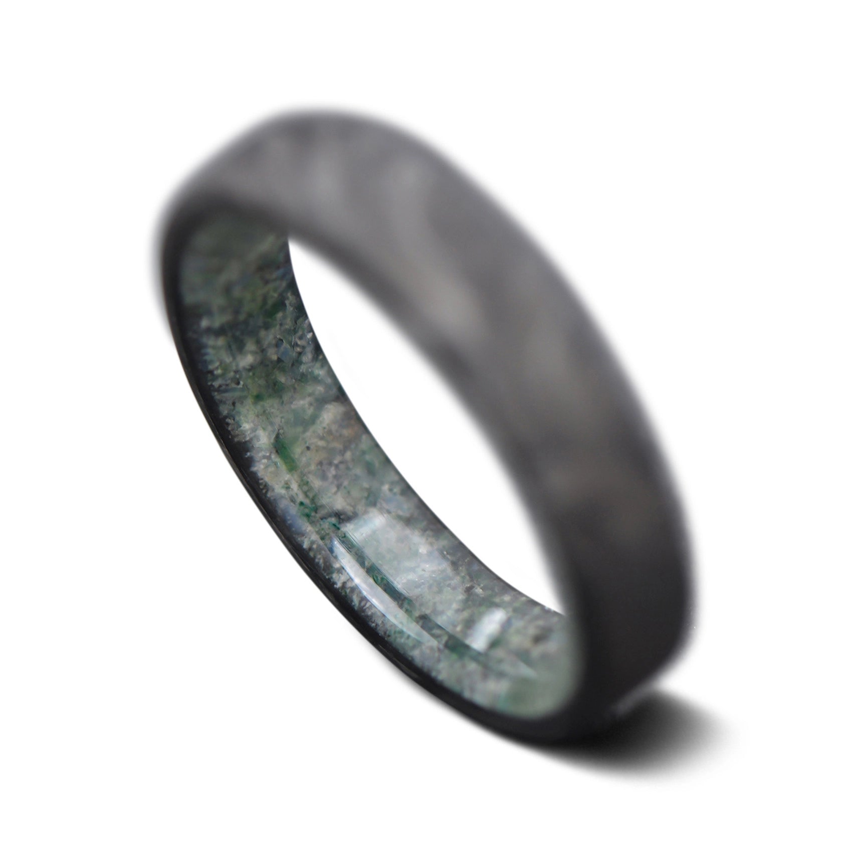 Back of CarbonForged Core Ring with  Moss Agate inner sleeve, 5mm -THE QUEST