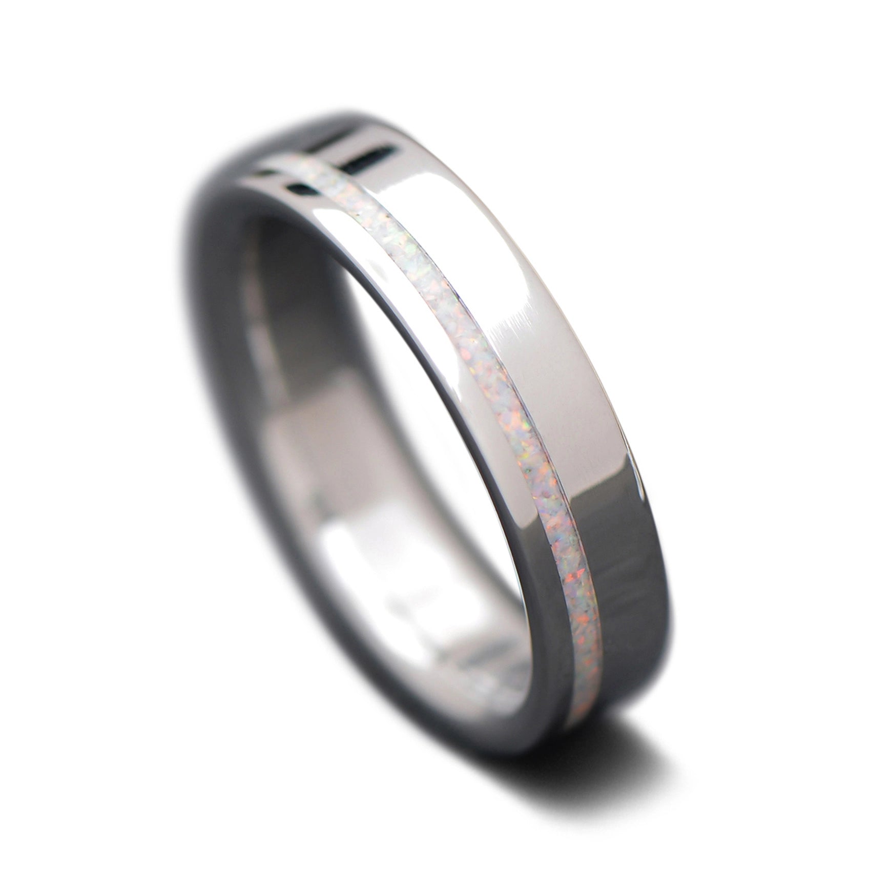 Unique Titanium Wedding Band with Pearl Opal Inlay | 5mm 