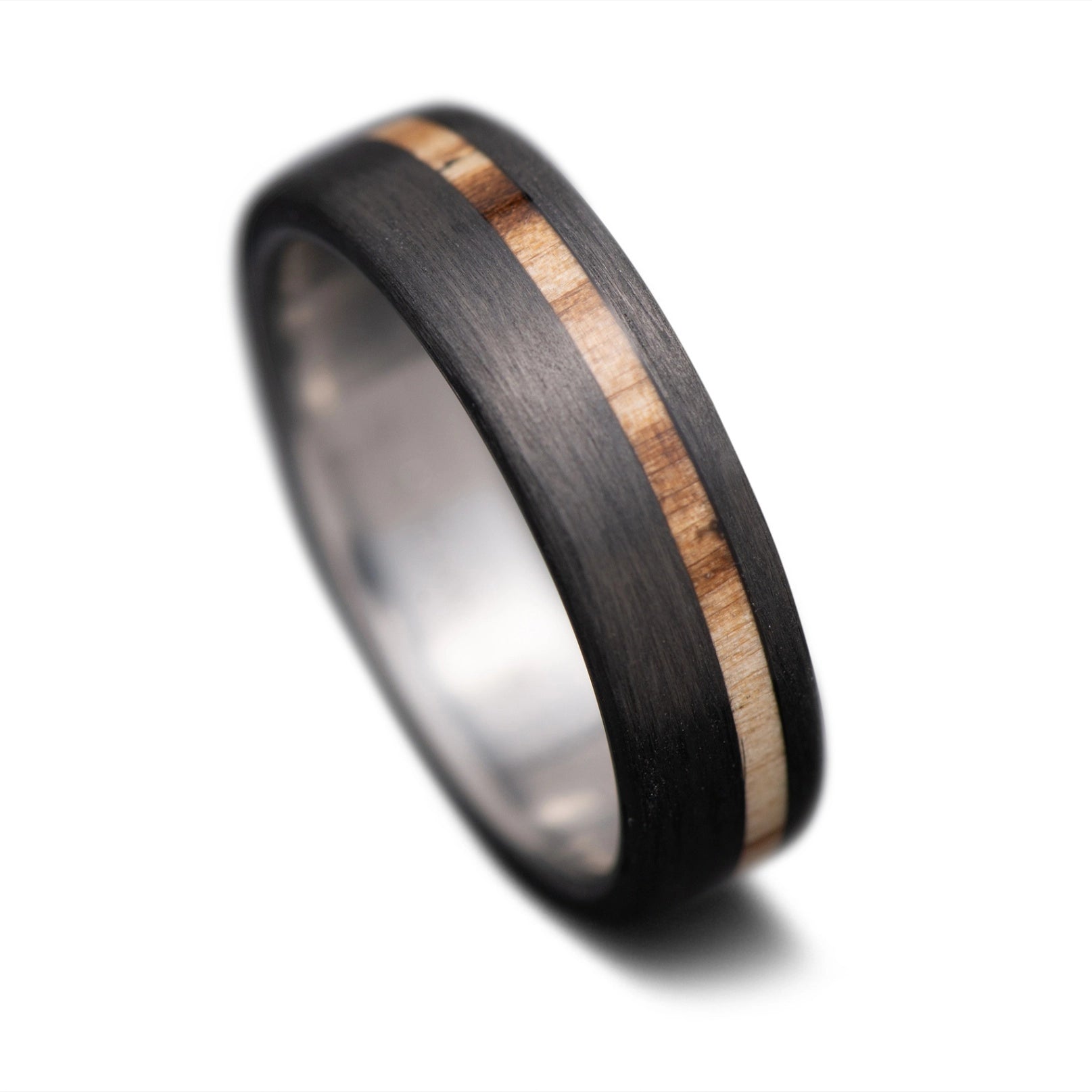 CarbonUni core ring with Silver Spalted Birch inlay and Titanium inner sleeve, 5mm -THE VERTEX