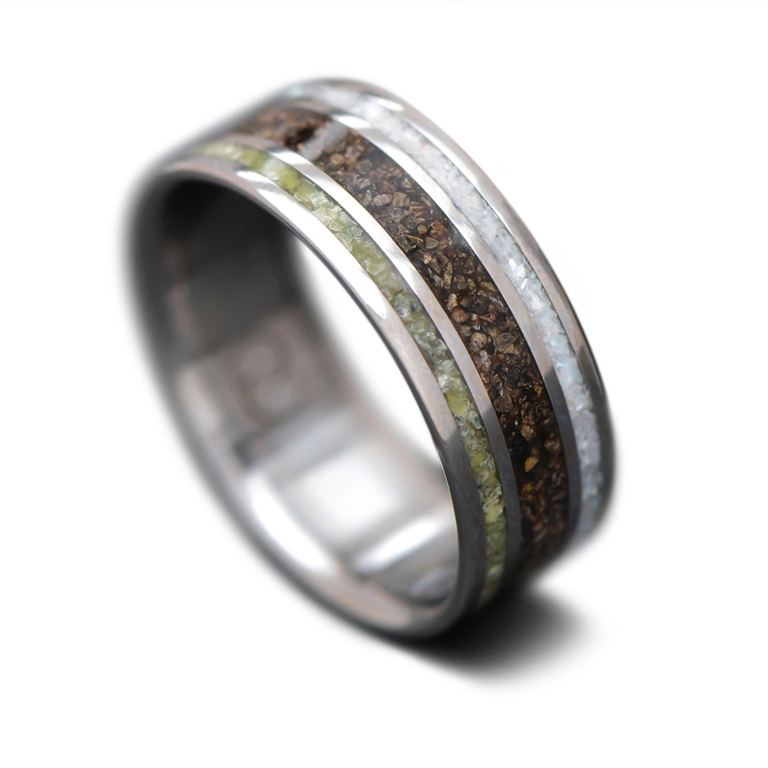Unique Titanium Wedding Band with T-Rex, Jade & Mother of Pearl Inlay