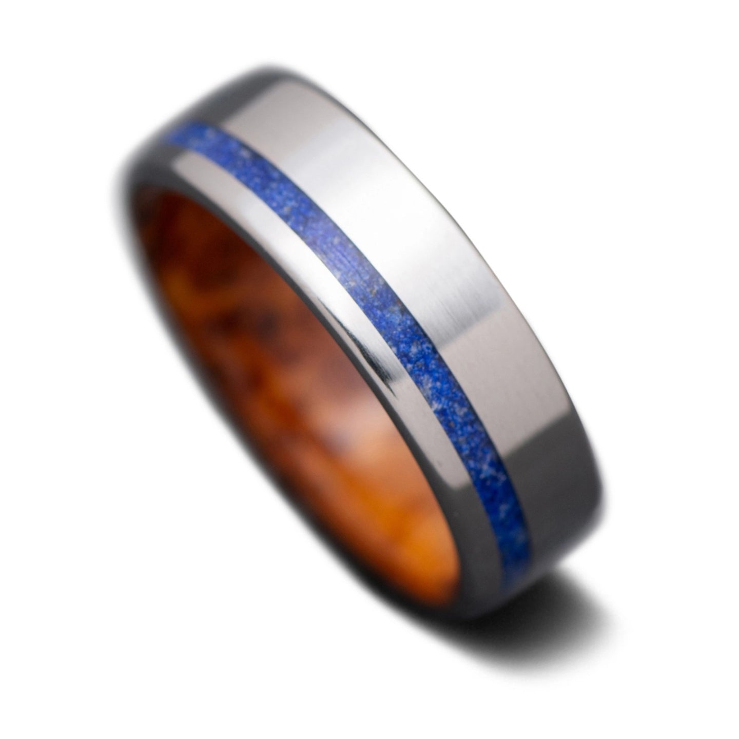 Unique Titanium Men Wedding Band with Amboyna Wood & Lapis Lazuli Inlay | 7mm