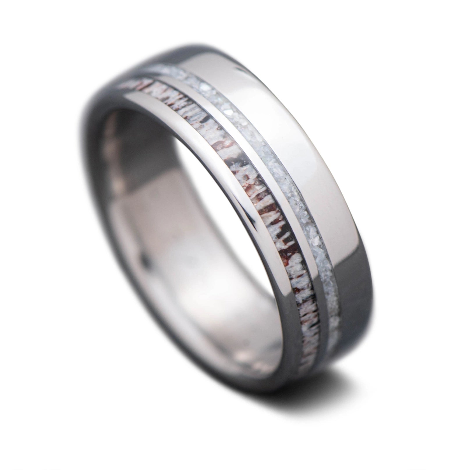 Titanium Men's Wedding Band with Mother of Pearl and Deer Antler Inlay