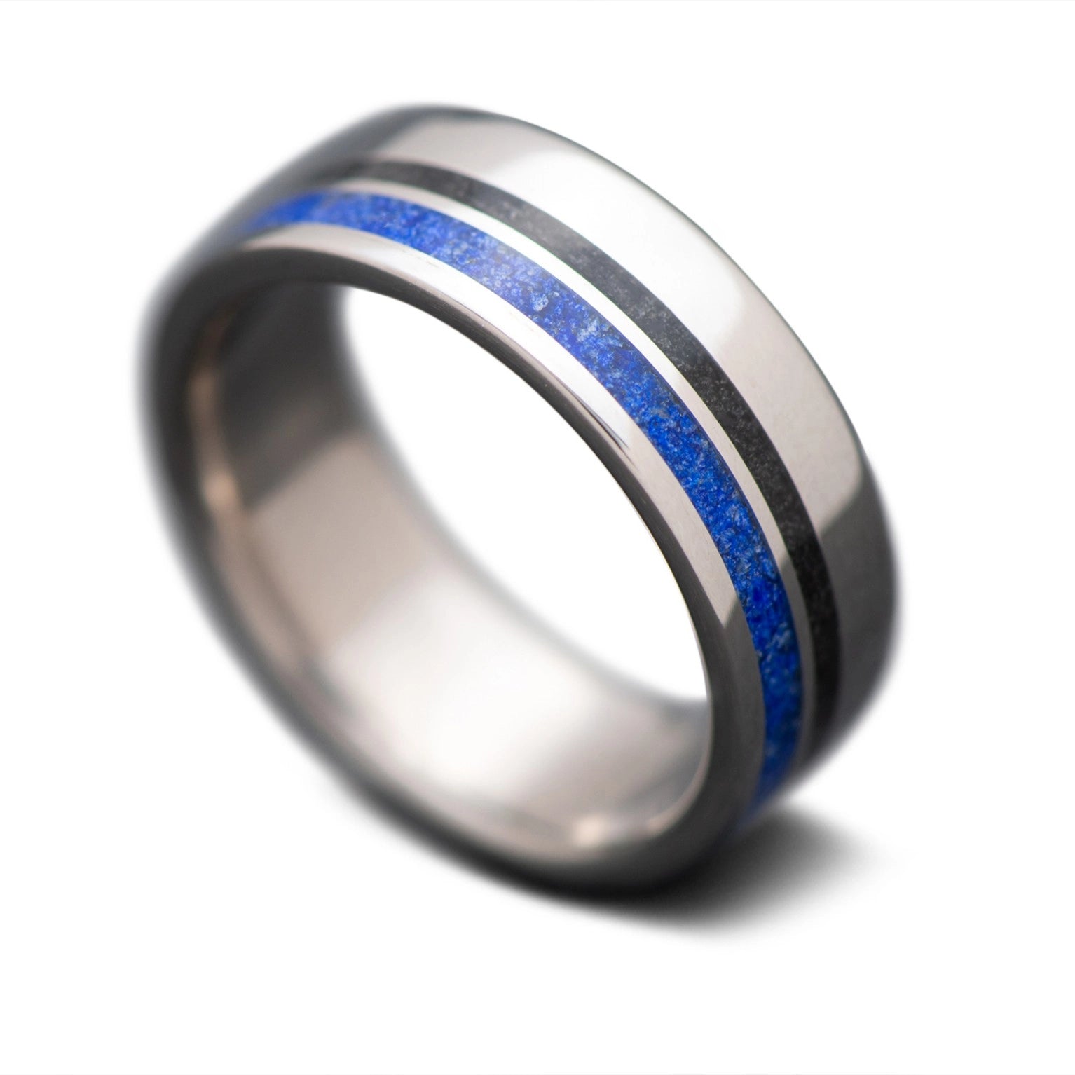 Titanium Core Ring with Black Onyx, Lapis Lazuli inlay, flat, polished, 7mm -THE GUARDIAN