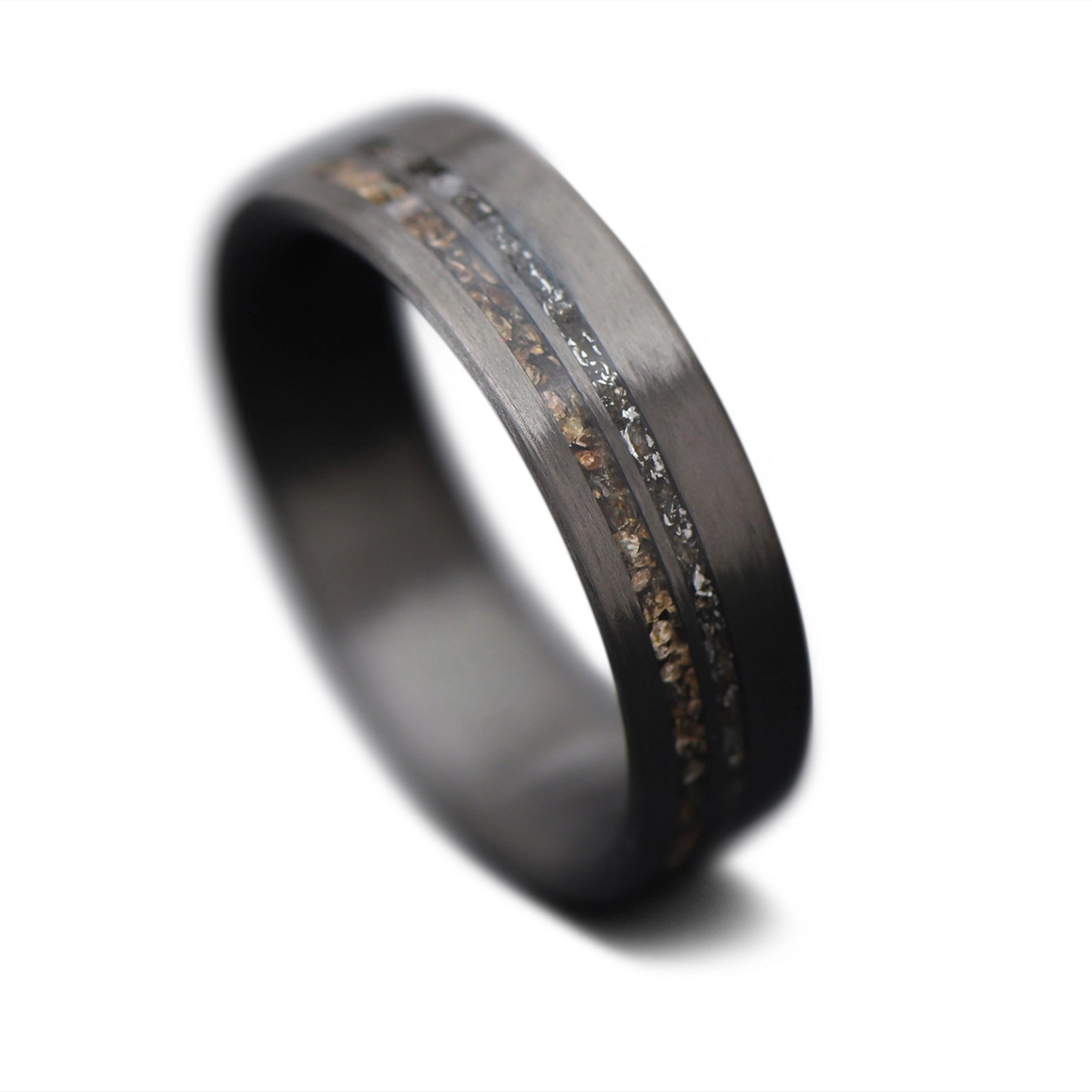 CarbonUni Core Ring with Crushed T-Rex, Meteorite inlay and black finish polished, 7mm -THE INNOVATOR