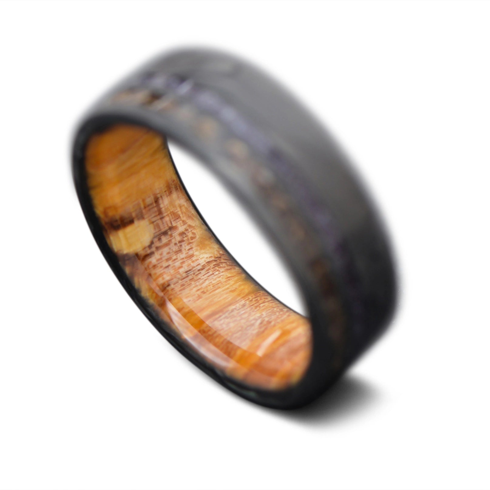 Forged Carbon Ring with TRex and Purple Amethyst  and silver birch wood inner sleeve| Men's Wedding Band