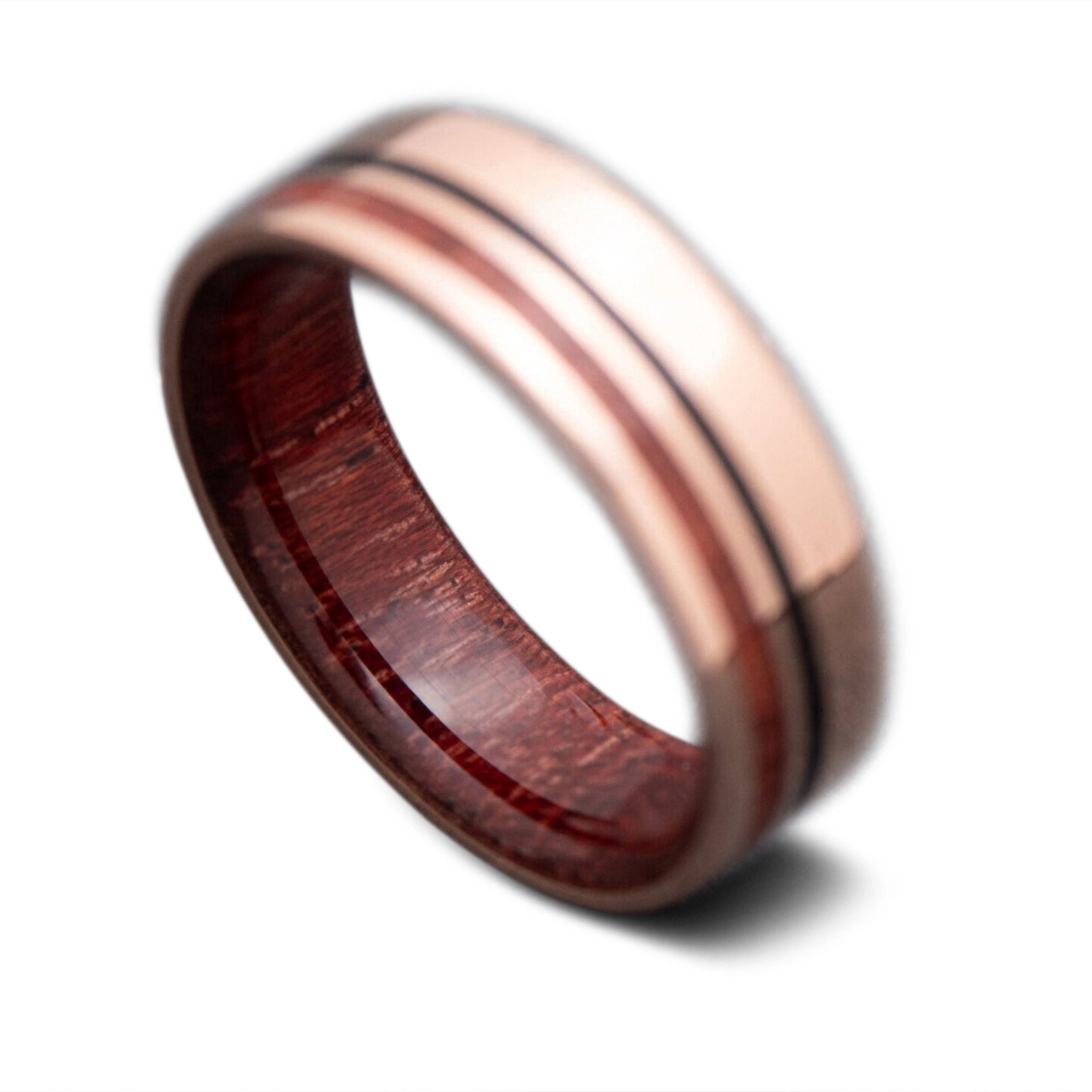Unique Rose Gold Wedding Band with Purple Heart Wood and Black Onyx