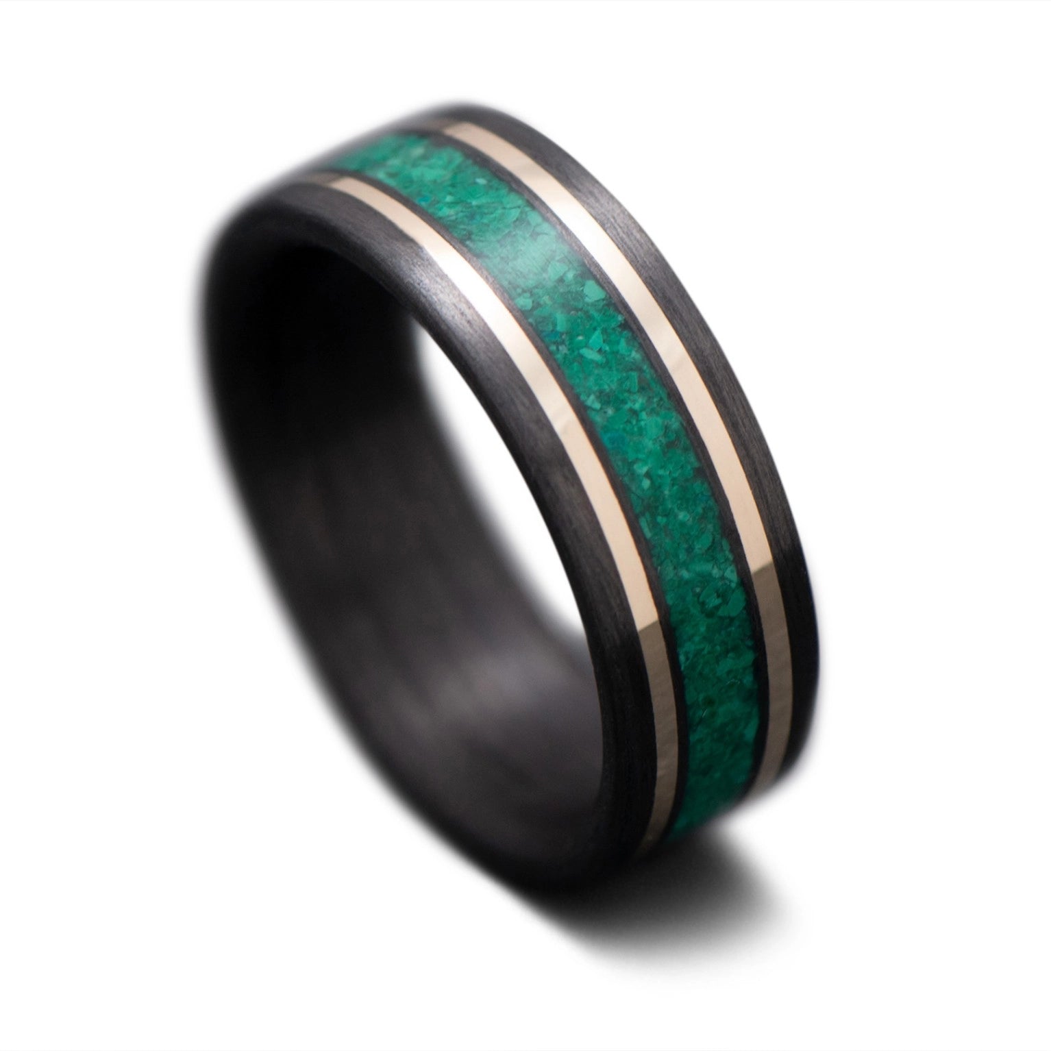 CarbonFiber Ring with 14K Gold and Malachite Inlays Men's Wedding Band