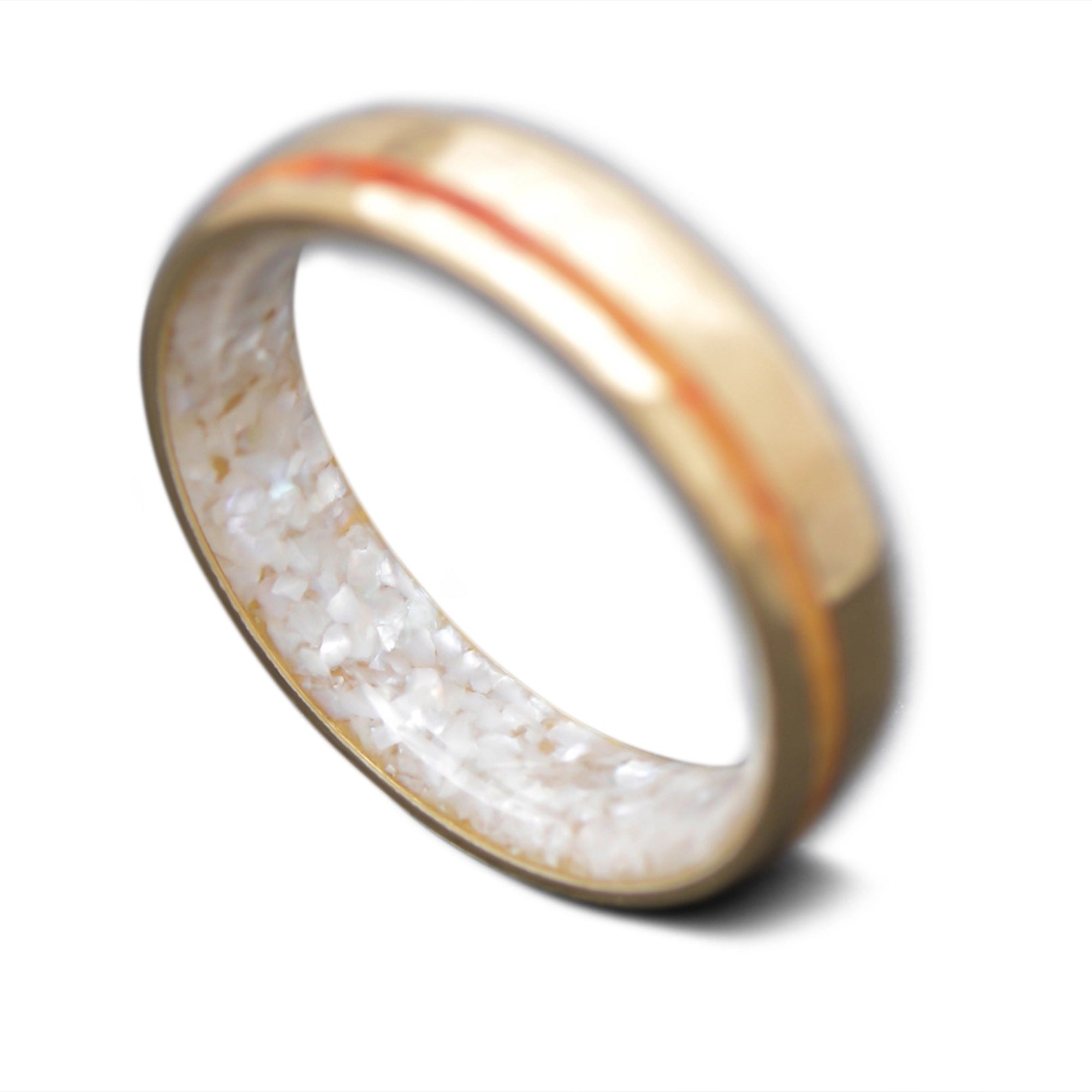 Back of Yellow Gold Ring with Tulipwood inlay and Pearl inner sleeve, 5mm -THE COMMITMENT