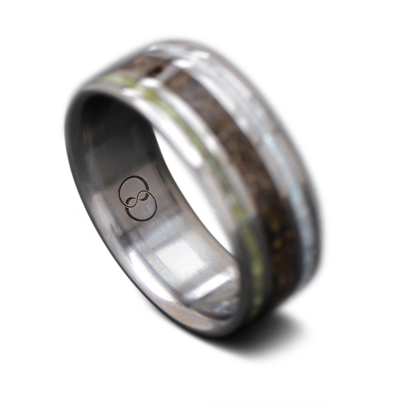 Unique Titanium Wedding Band with T-Rex, Jade & Mother of Pearl Inlay