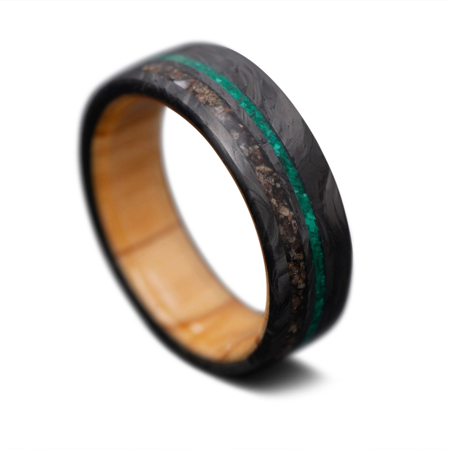 CarbonForged Core Ring with Crushed T-Rex, Malachite inlay and Olivewood inner sleeve, 7mm -THE ODYSSEY