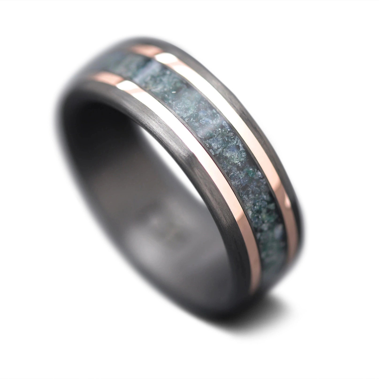 CarbonFiber Ring with Rose Gold and Moss Agate Inlay Men's Wedding Band